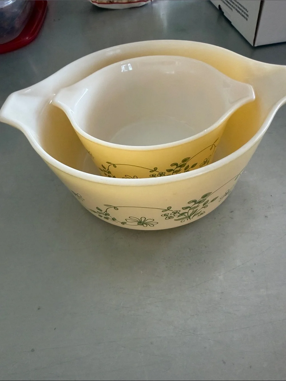 Pyrex Yellow Mixing Bowls with Green Floral Vine Pattern - Set of 2